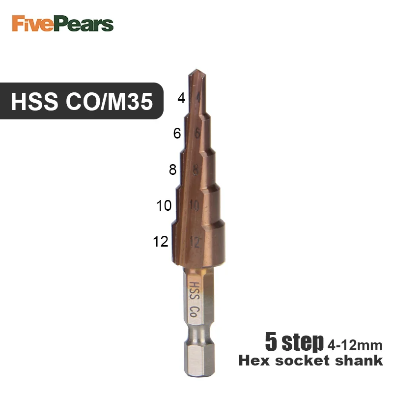 HSS COM35(4-12)5step FivePears отверстие резак высокая скорость Пагода форма Шаг сверло набор дерево металл центр бурения инструмент - Цвет: HSS COM35(4-12)5step