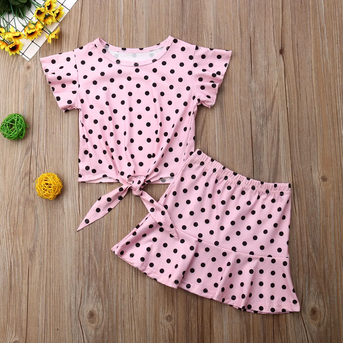 New Arrival Summer Baby Girl Clothes Set 2PCS Toddler Flying Sleeves Polka Dot T-Shirt Floral Skirt Sunsuit Outfits | Детская одежда и