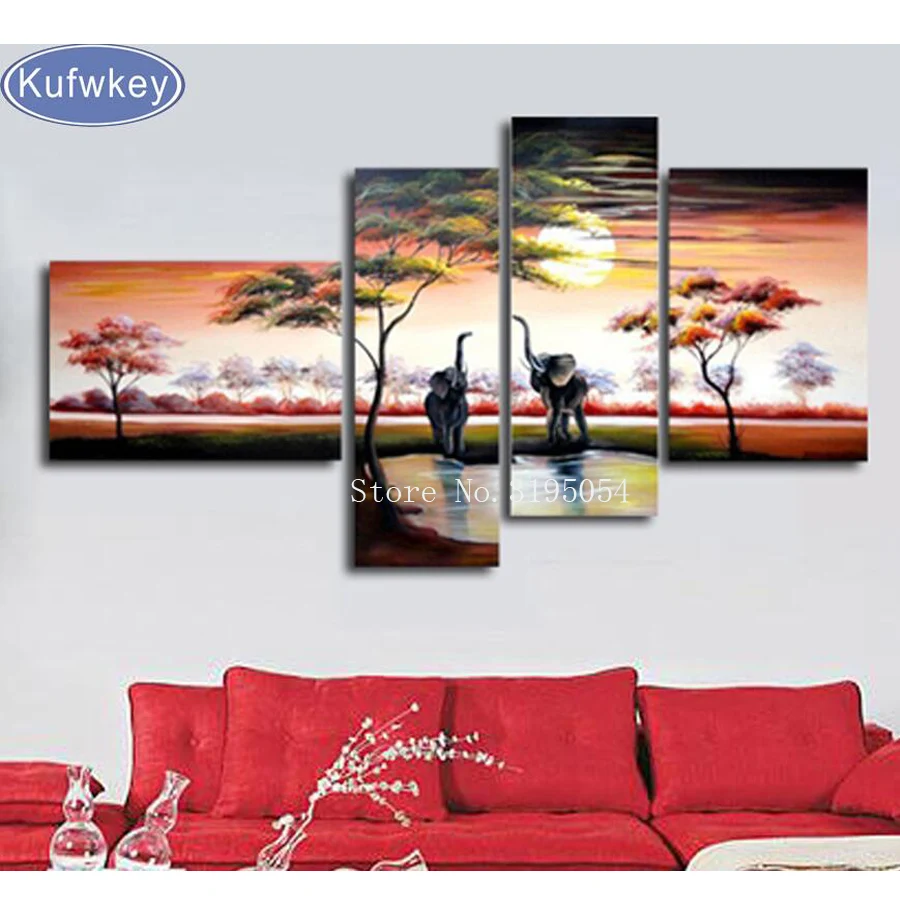 Африканский слон дерево озеро закат 4 шт. алмазная живопись вышивка крестиком