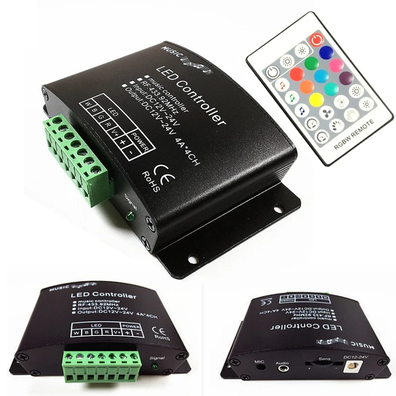 DC12V-24V, музыкальный светодиодный пульт управления, 24 клавиши, RGBW РФ, дистанционный звуковой датчик, голосовое аудио управление для 5050 RGB, Светодиодная лента, светильник