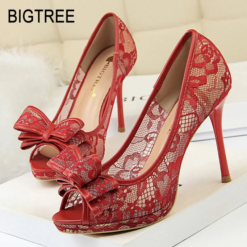 Bigtree Shoes Classic Pumps Women High Heels 2019 New Platform Laces Sexy Wedding Peep Toe Sandals | Обувь