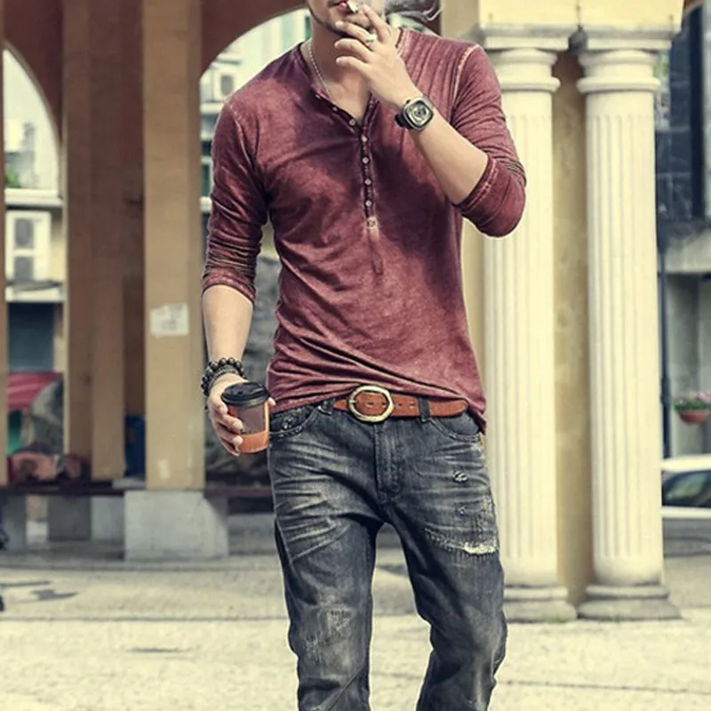 Мужские весенние Рубашки с v образным вырезом и длинными рукавами пуговицы для