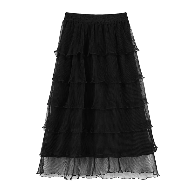 Black Samstree/сетчатые женские юбки с оборками, летняя Модная белая трапециевидная Женская многослойная юбка со средней талией, элегантная Офисная Женская юбка - Color: Black