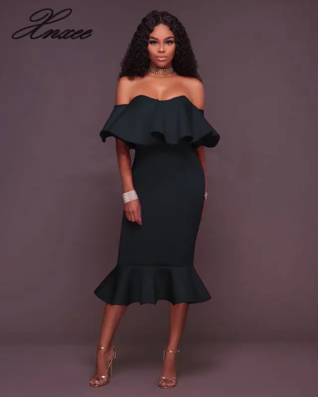 

2020 Evening Party Dresses Women Sexy Strapless Cascading Ruffle Elegant Fishtail Midi Dress Off the Shoulder Mermaid Dress