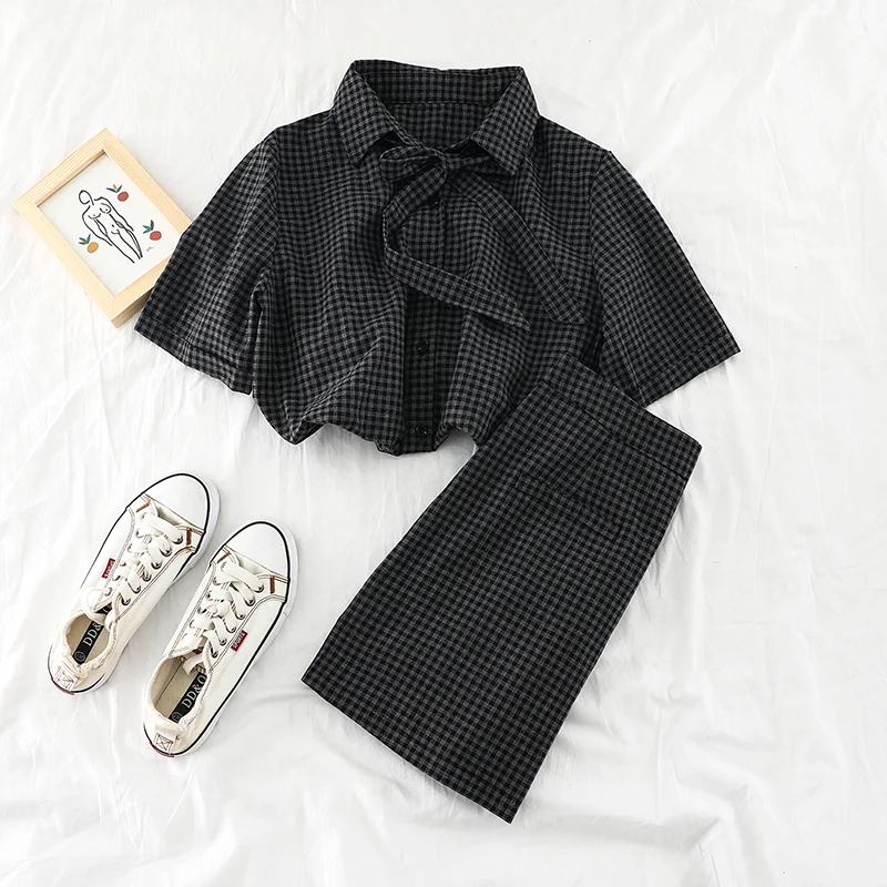 2019 new fashion women's two piece set Retro Plaid Bandage Shirt+ High Waist Pack Hip Pants Skirt Two Piece | Женская одежда