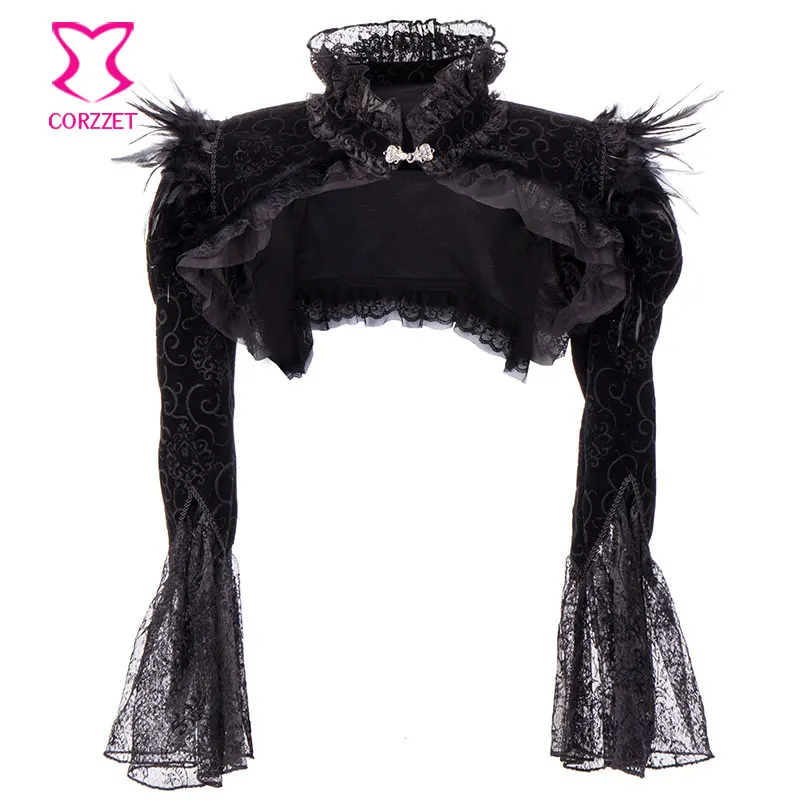 Victorian Black Flannel Feather Jacket Sexy Long Sleeve Ruffles Stand Neck Punk Style Gothic Women Short Coat Accessories Corset