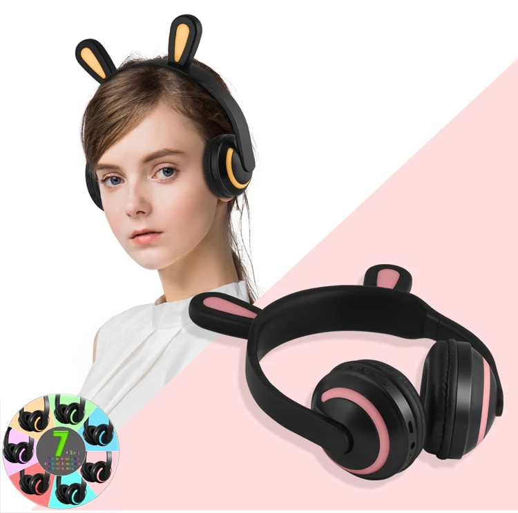 Rabbit Ears Наушники с кошачьими ушками, 7 цветов, мигающая светящаяся гарнитура для ушей, наушники с Bluetooth для девочек, детские игровые наушники с кроликом, оленем, дьяволом - Цвет: Rabbit Ears