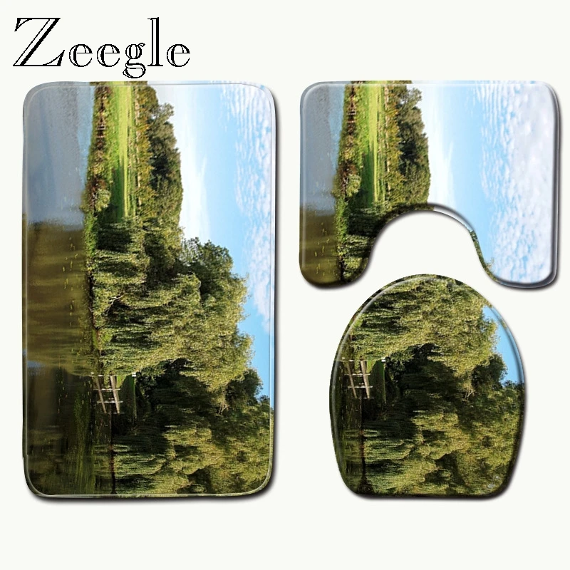 

Zeegle Microfiber Toilet Floor Mats Scenic Printed Bathroom Rugs Set Anti-slip Toilet Bath Mats Set Carpet Bathroom Toilet Mat