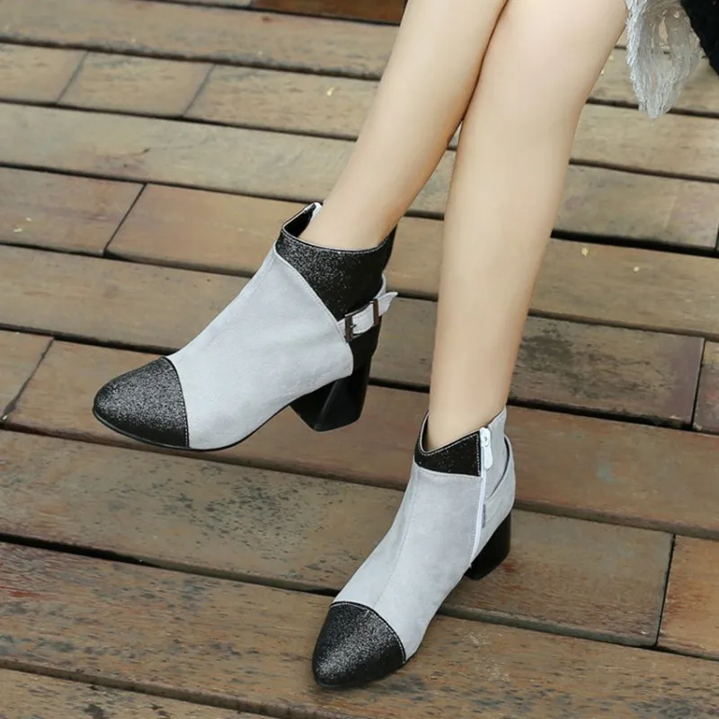 

Size 34-43 New Fashion Boots Women Winter Shoes Square High Heels Pointed Toe Mixed Colors Chelsea Boots Chunky Heel Ankle Boots