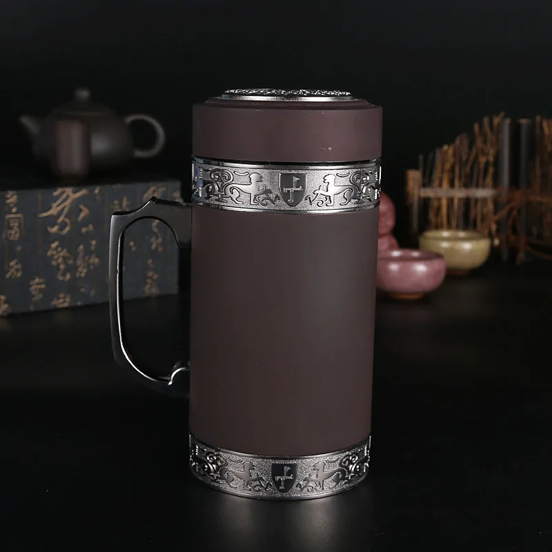 

500ml Authentic High Grade Mens Office Thermos With Handgrip Health Purple Clay Vacuum Flasks Zisha inner insulation Bottle