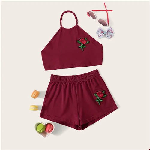 Burgundy Шеин Детская рюшами подол полосатый Cami топ и брюки для девочек пляжный стиль одежда девочек Лето Без Рукавов повседневное комплект - Цвет: Burgundy