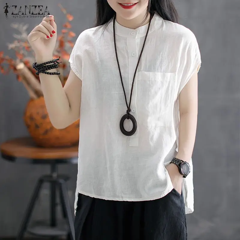 

ZANZEA Asymmetric Hem Summer Blouse Elegant Women Linen Top 2018 Short Sleeve Buttons Solid Casual Work Blusa Shirts