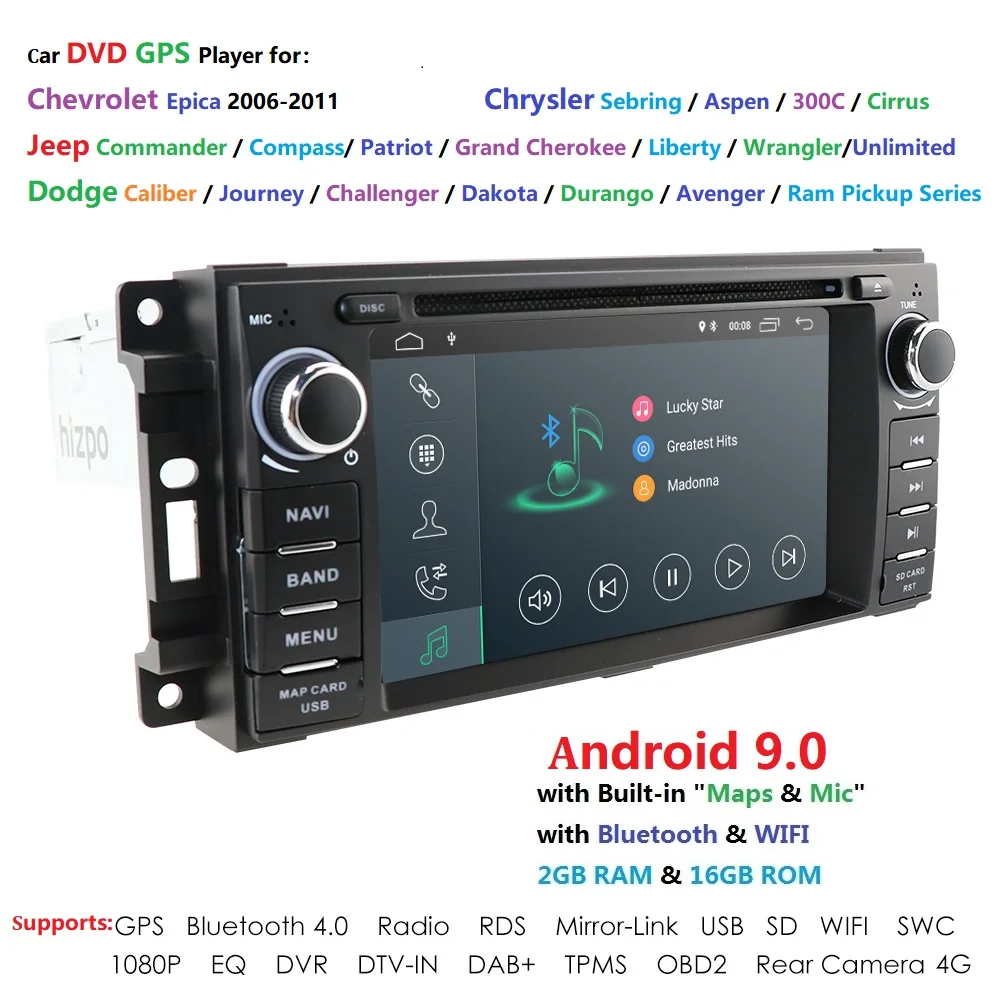 Android9.0 стерео gps DVD плеер для Dodge Ram Challenger Jeep Wrangler JK головное устройство один Din сенсорный экран Indash Радио BT