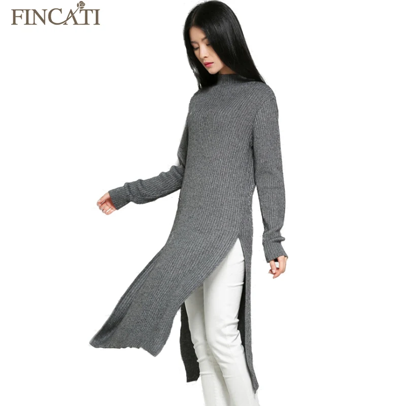 

Fincati Women's Autumn Winter Mid-Turtleneck Thicken Cashmere Blend Asymmetrical Notched Hem Knitted Pullover Dresses Knitwear