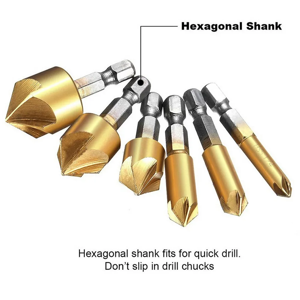 

6PCS Countersink Drill Bit Set 1/4" Hex Shank Countersink Drill Tools Bits 5 Flute Countersink 90 Degree Wood Cutter