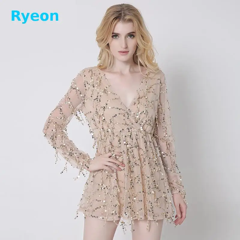 Ryeon 2017 Блестками Женщины Туника Платья Sexy прозрачный Сетки Ткань Вышивки