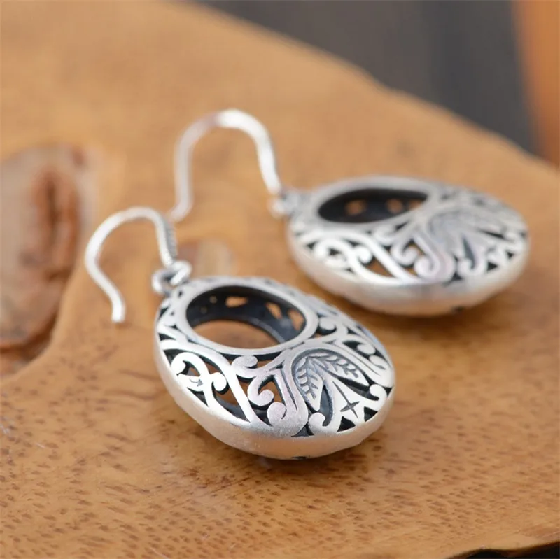 

BESTLYBUY 990 Sterling Silver Flower Carving Hollow Drop Earrings for Women Mother's Gift Retro Elegant Jewelry Gift