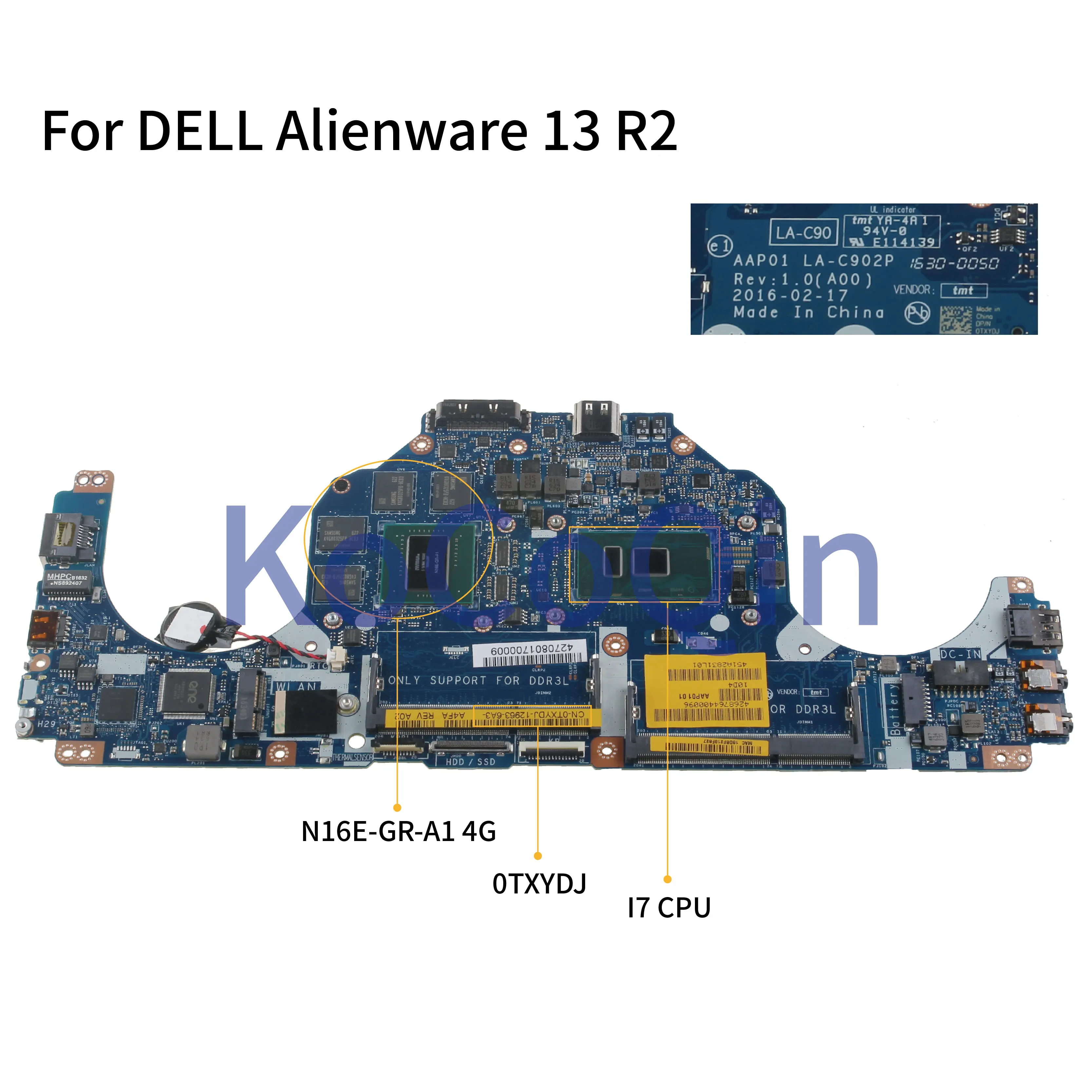 

KoCoQin для dell для Alienware 13 R2 Core I7-6500U материнская плата AAP01 LA-C902P CN-0TXYDJ 0TXYDJ 4G материнская плата