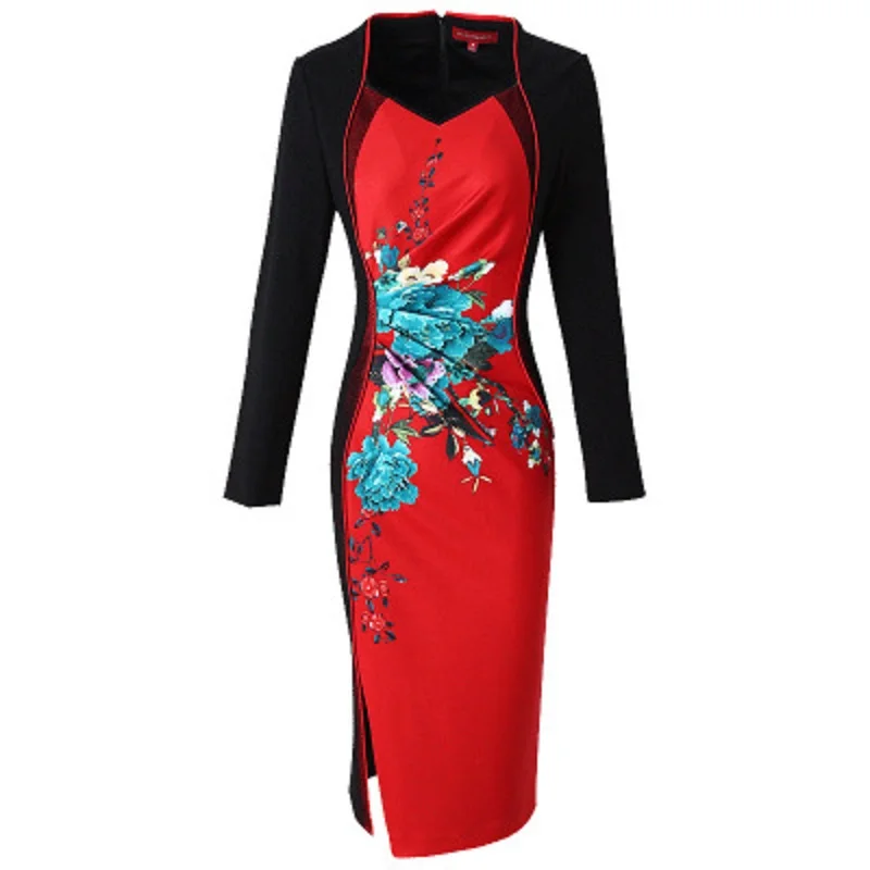 Pencil patchwork Retro dress 2019 new Superior quality Women ladies Mother Party Dress Plus Size Vintage winter Flower dresses | Женская