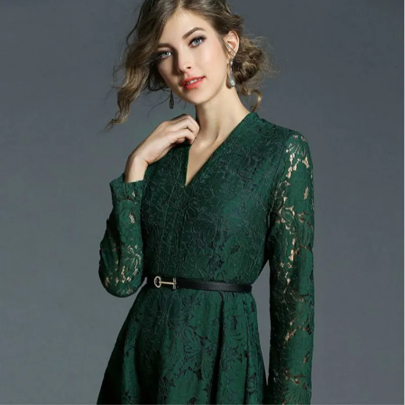 V образный вырез с длинными рукавами элегантные зеленое кружевное платье женское