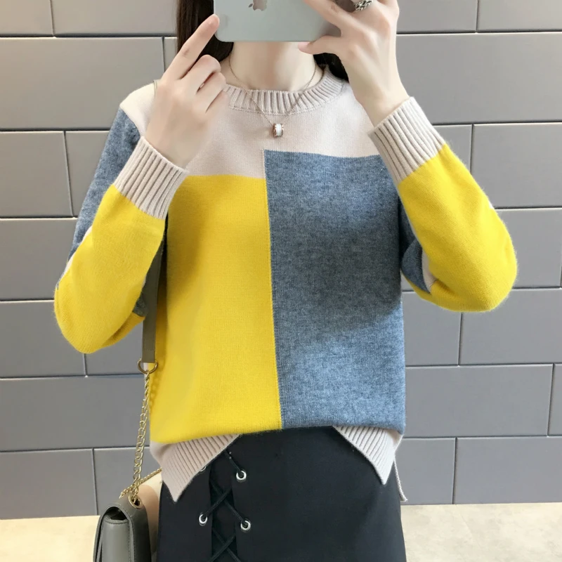 Contrast Color Winter Sweater Women Long Sleeve Jumper and Pullover Knitted Female Pull Femme | Женская одежда
