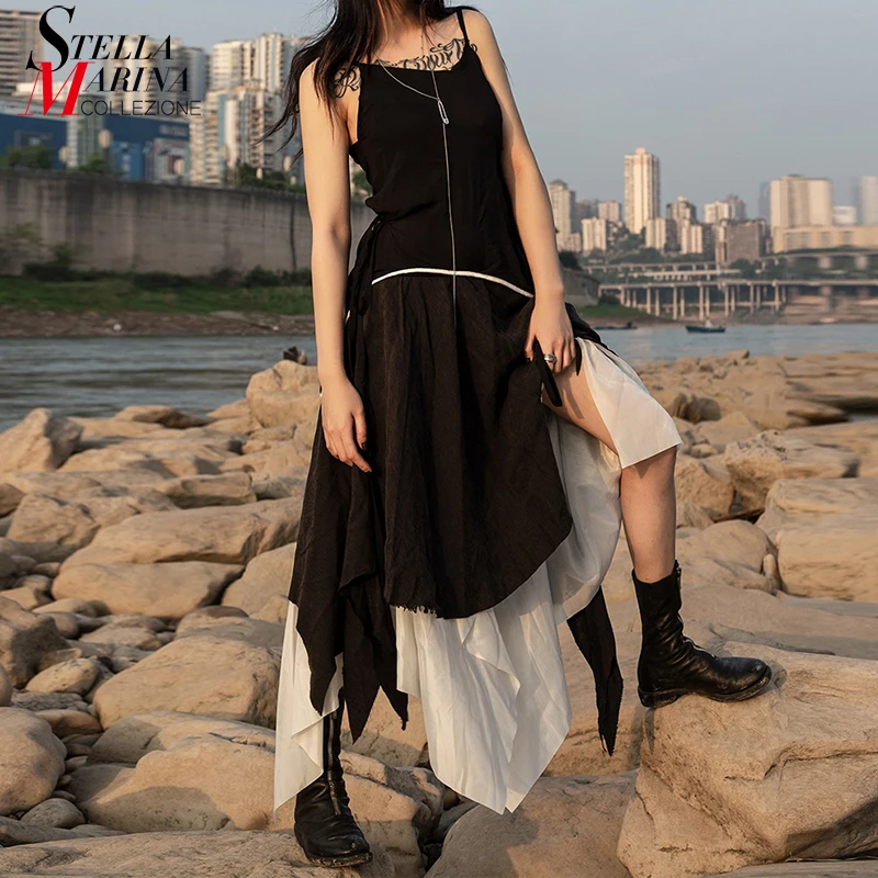 Новый 2019 Для женщин летние однотонные черные асимметричное платье с юбкой солнце