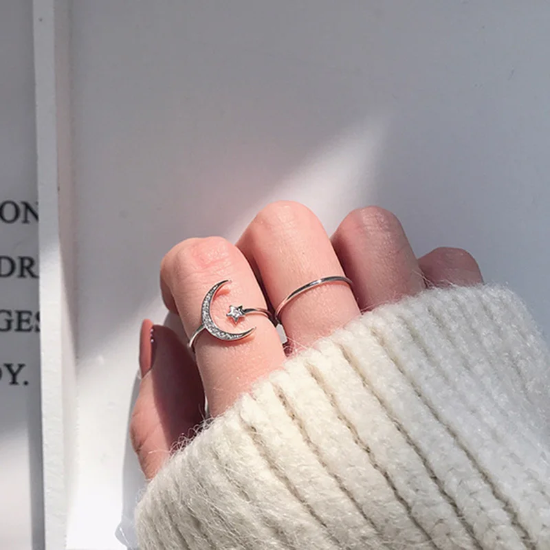 

2pcs/set 2019 New Minimalist Gril's Jewlery Accessories Cubic Zirconia Moon Star Opening Silver Color Copper Rings For Women