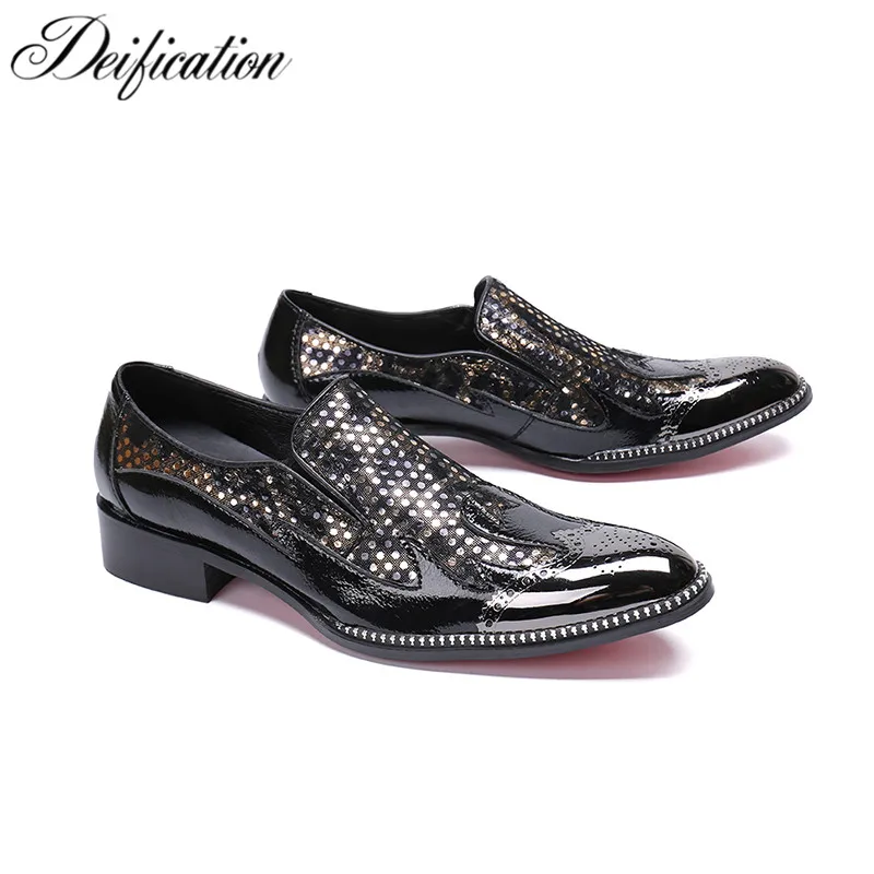 

Deification Mens Italian Leather Shoes Chic Sequin Studded Loafers Slip on Prom Shoes Men Casual Shoes Luxury Brand Office Flats