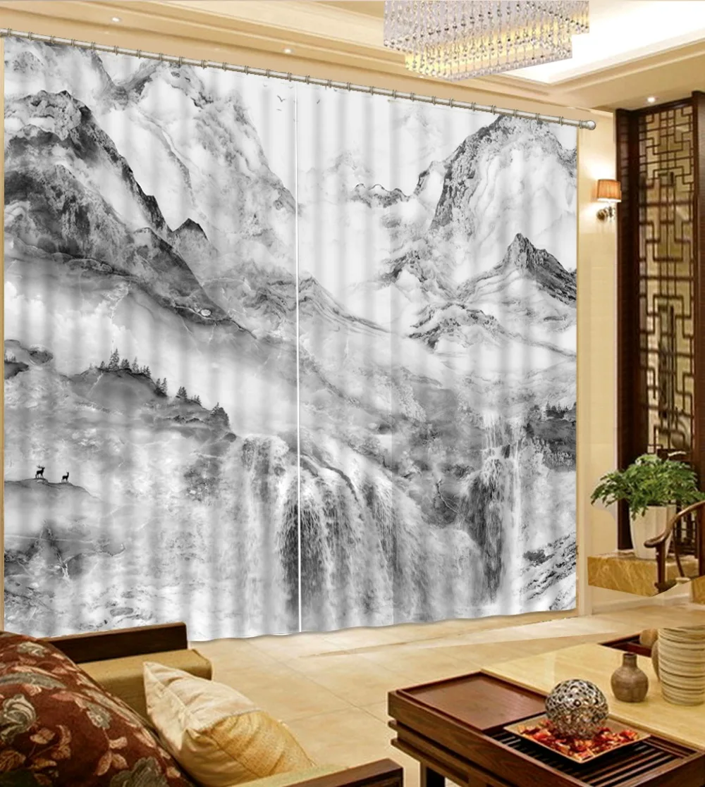 Европейский стиль оконные шторы чернила пейзаж 3D занавески печать фото комната