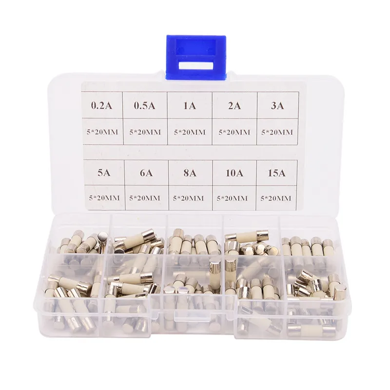 

100 Pcs/set Assorted Ceramic Fuses White Ceramic Tube 5x20 MM Fast Blow 0.2A 0.5A 1A 2A 3A 5A 6A 8A 10A 15A Amp