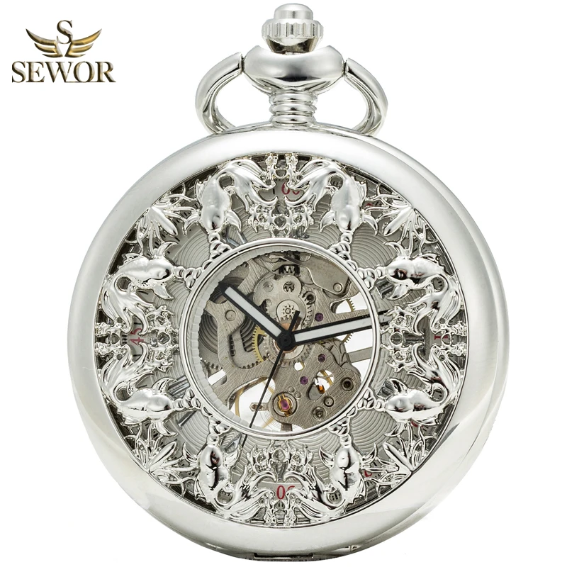 

SEWOR 2019 Top Luxury Brand Fashion Honorable Sliver Bronze Enamel Roman Number fish patter Sport Mechanical Pocket Watch C185