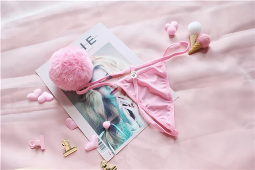 Rabbit tail Pink Женское нижнее белье с кроличьим хвостом и помпоном в стиле Лолиты, милые мягкие розовые трусы для девочек, сексуальное нижнее белье, трусики-стринги - Цвет: Rabbit tail Pink