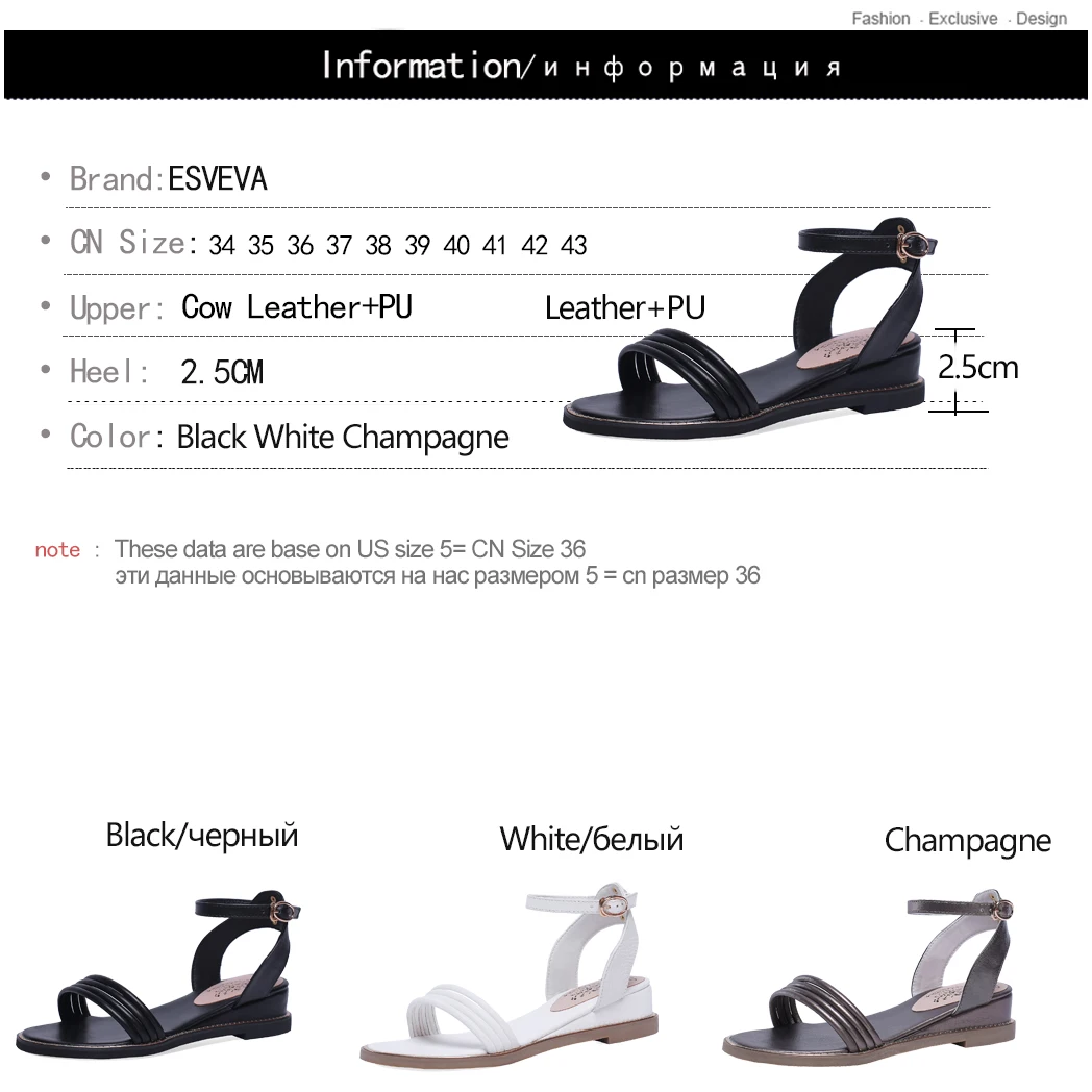 

ESVEVA 2019 Women Sandals Cow Leather+PU Round Open-toed Buckle Low Heel Concise Comfortable Shoes Summer Size 34-43