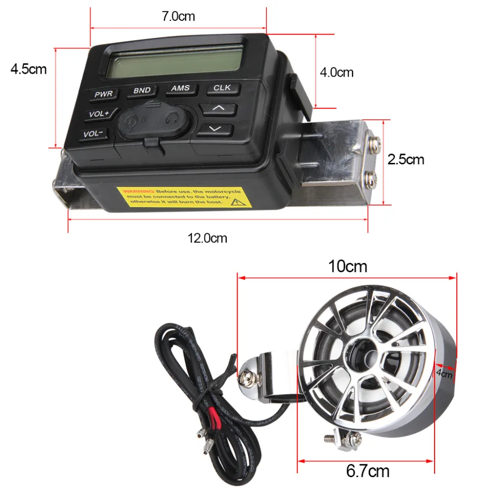 

Motorcycle Sound Audio Radio System Handlebar 12V Full-band FM Stereo 2 Speakers ATV Bike With 3.5mm AUX Jack to Link MP3 Device