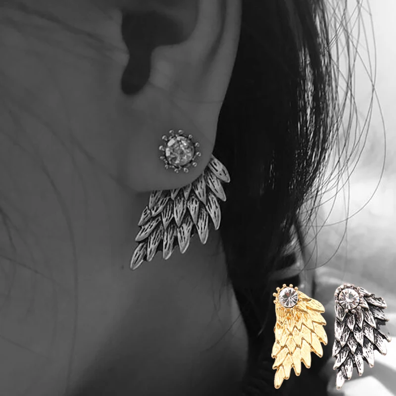 

LXOEN Vintage Punk Black Gun Wing Shape Stud Earrings For Women with Cubic Zircon Crystal Girl Studs Fashion brinco Gift bijoux