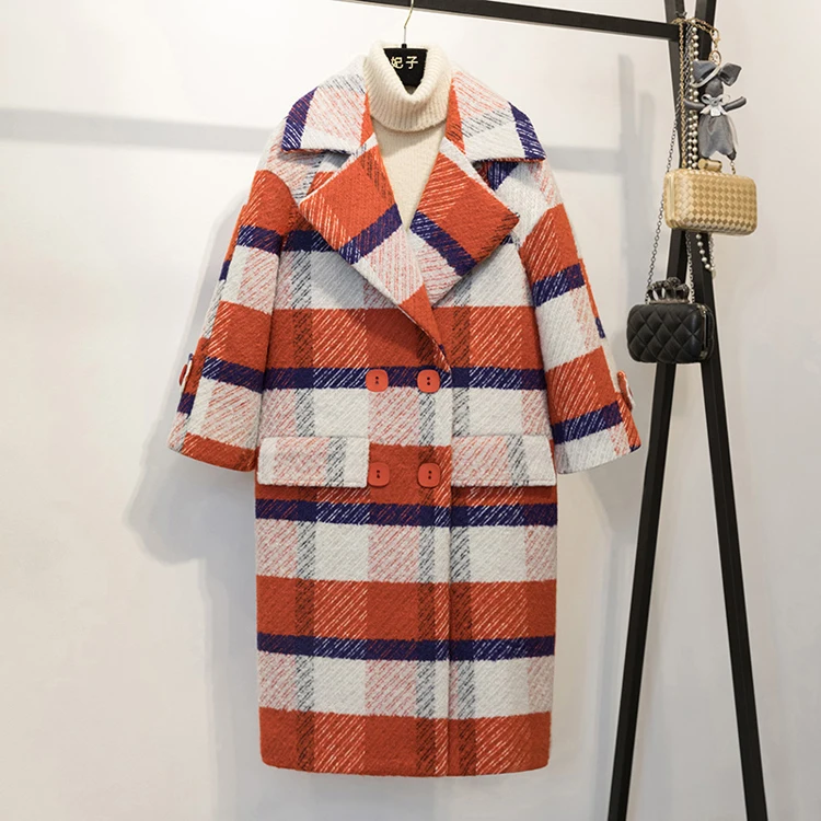 2018 Plaid Wool Coat Winter V-neck Thick Women Long Woman Double Breasted Overcoat Solid | Женская одежда