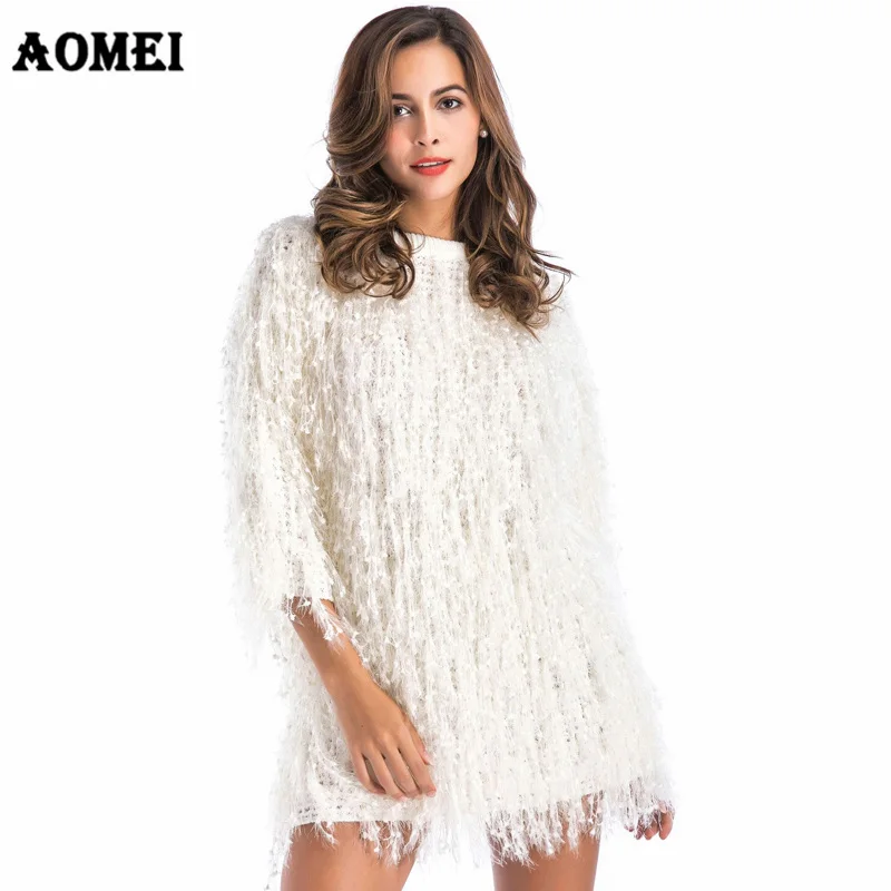 Autumn Faux Fur Crocheted Tassel Fluffy Sweater 2019 Women Tops Three Quarter Fashion Long Party Pullover Femme Winter Warm Wear | Женская