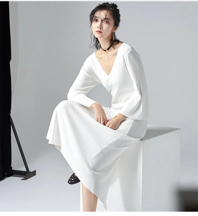 Cakucool вязаное платье Для женщин Весна v образным вырезом пикантные Vestido Корея