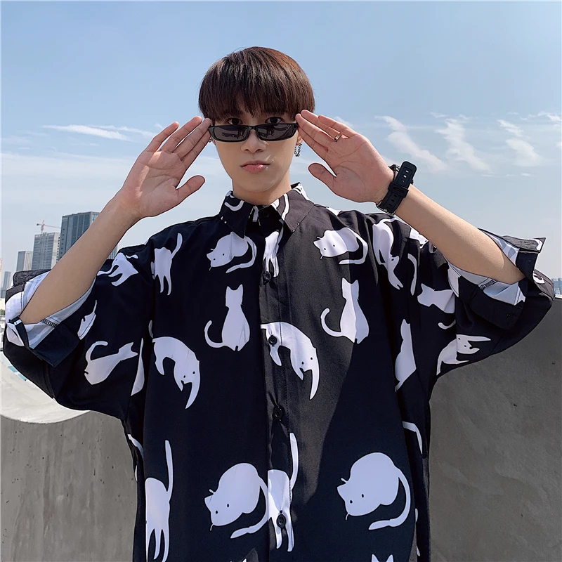 Мужская рубашка с длинными рукавами рисунком кота Harajuku стиль мужская одежда