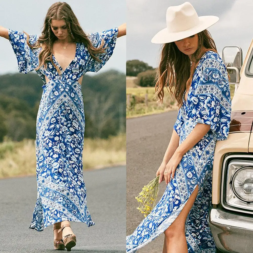 2017 г. летние женские цветочный принт глубокий v-образный вырез пляжное платье