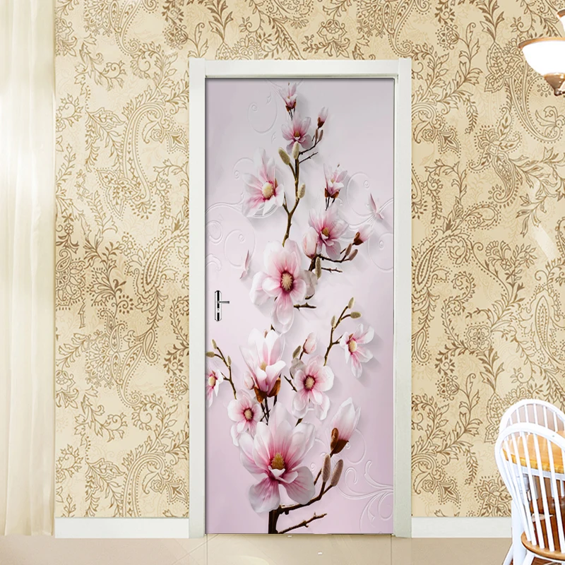 DIY самоклеющиеся наклейки на двери, 3D тисненые наклейки с розовыми цветами для гостиной, спальни, декор на дверь, ПВХ, водонепроницаемые 3D обои