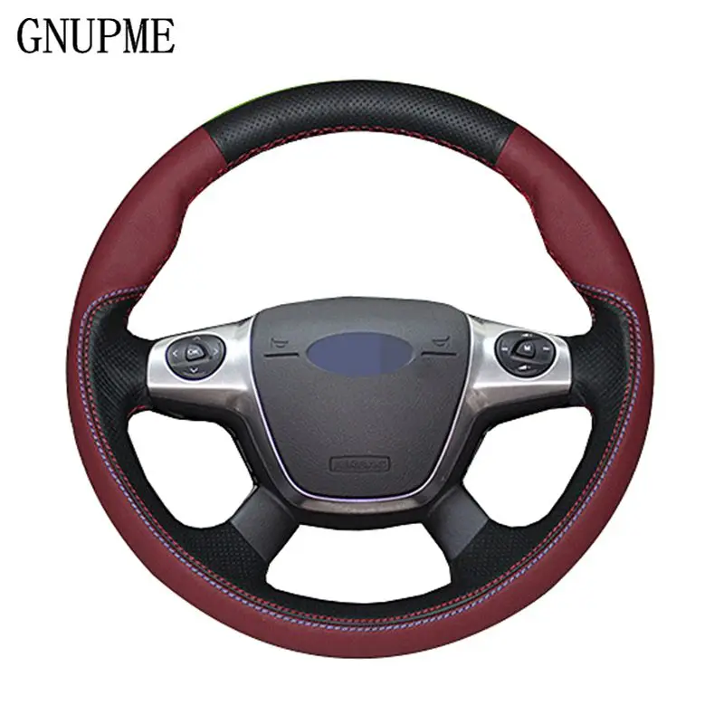 GNUPME DIY Customized Name Hand-Stitched Black Genuine Leather Car Steering Wheel Cover for Ford Focus Kuga Mondeo Edge