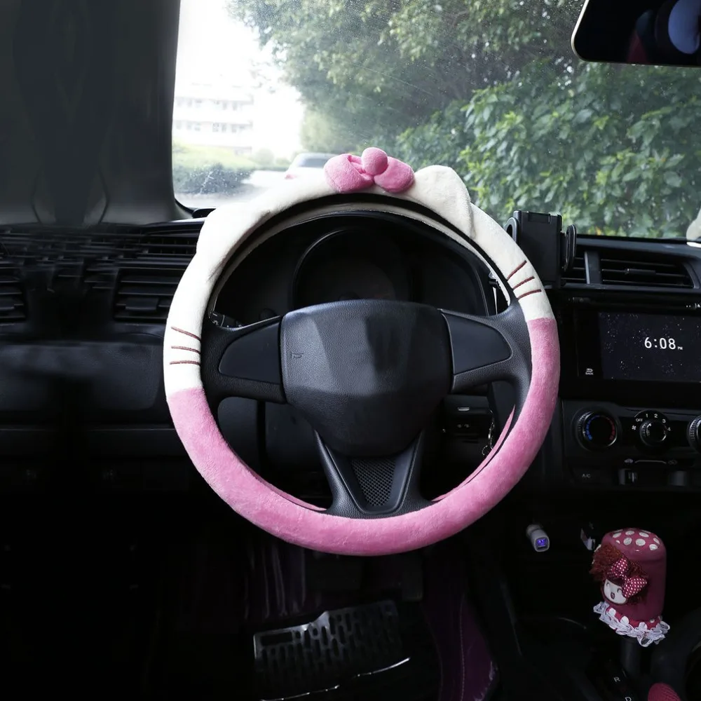 Автомобильные аксессуары мультфильм розовый hello kitty Руль крышка натуральный каучук здоровый дышащий Универсальный 38 см для женщин и девочек