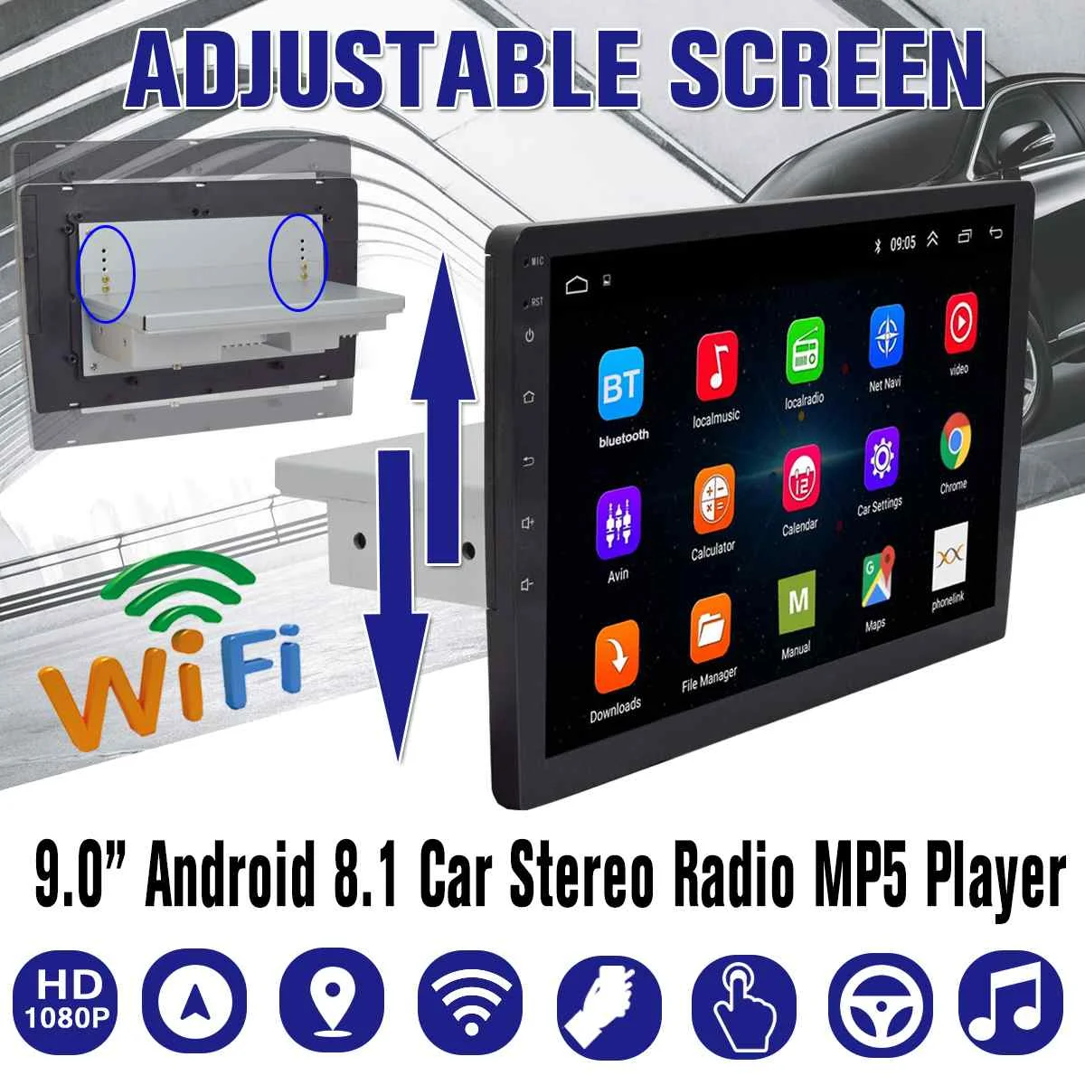 Универсальный автомобильный Радио плеер Android 8,1 1G+ 16G Мультимедийный wifi bluetooth с регулируемым экраном, вращающийся плеер 8 ядер