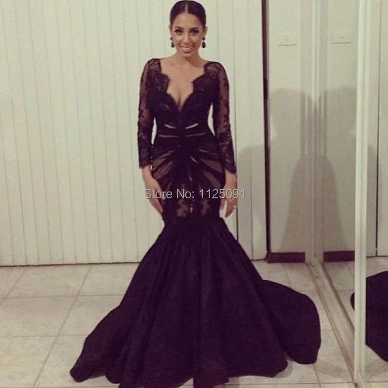 

New Sexy Fancy Evening Dresses Lace Black Mermaid Sheer Deep V-Neck Long Sleeves Hot Celebrity Prom Gown Sweep Train