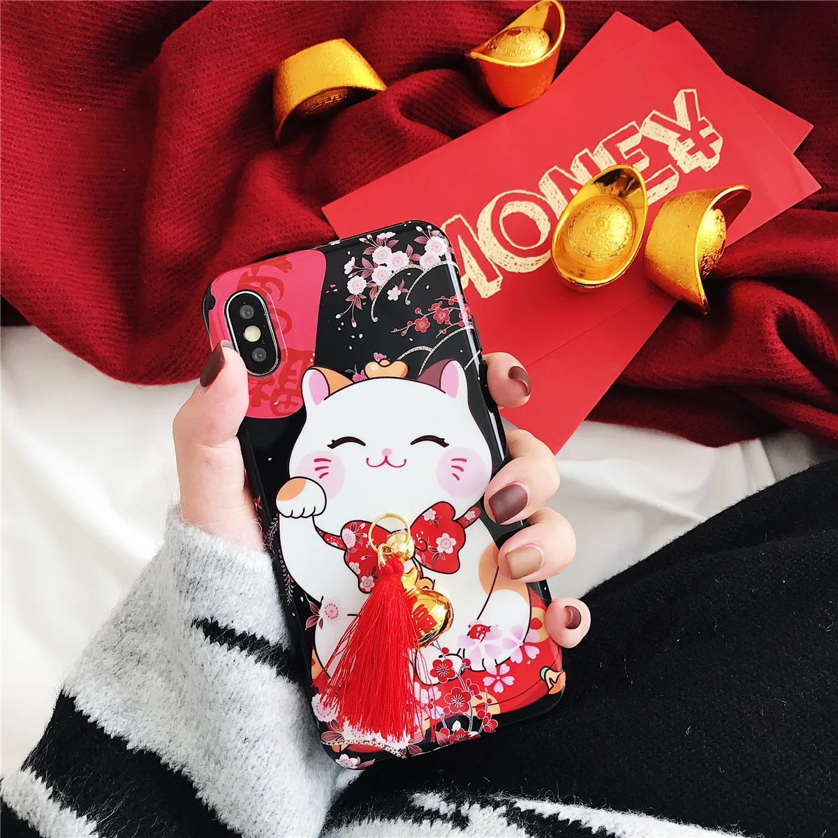 Applicable for iPhone Phone Case 6 Cute Kawaii Lucky Cat and Pendant Rope Soft TPU Back Cover cute animal |