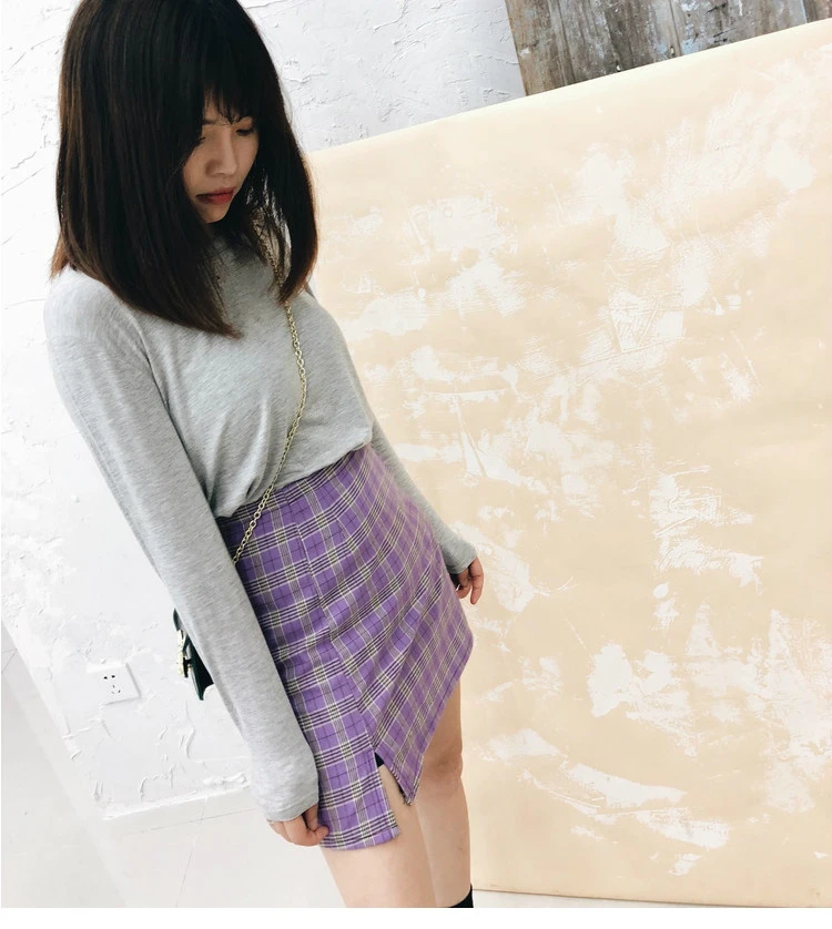 Новинка, женские шорты Harajuku в Корейском стиле, повседневные фиолетовые/зеленые Облегающие юбки с разрезом сбоку,, мини-юбка в клетку с высокой талией для женщин