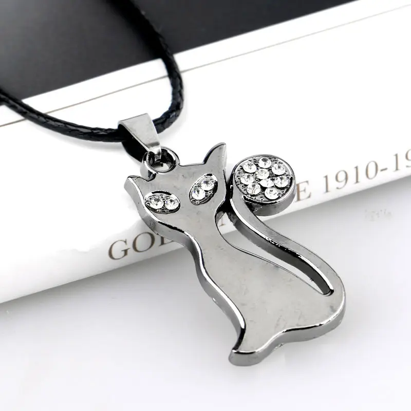 Ожерелье подвеска в виде кошки из нержавеющей стали с кристаллами глазами и