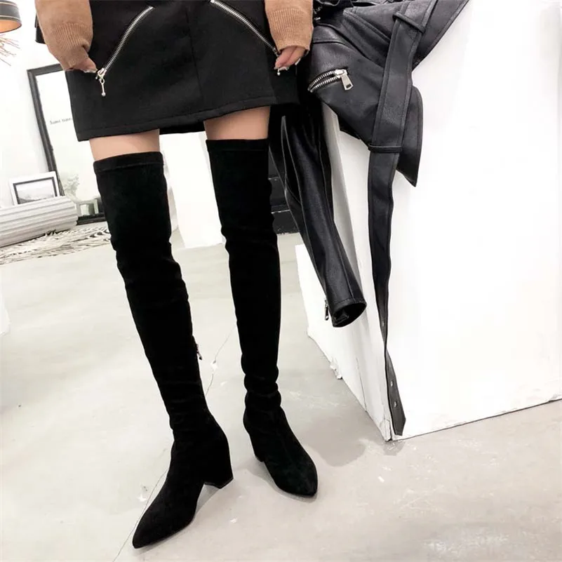 Женские высокие сапоги с острым носком FEDONAS черные теплые выше колена на высоких