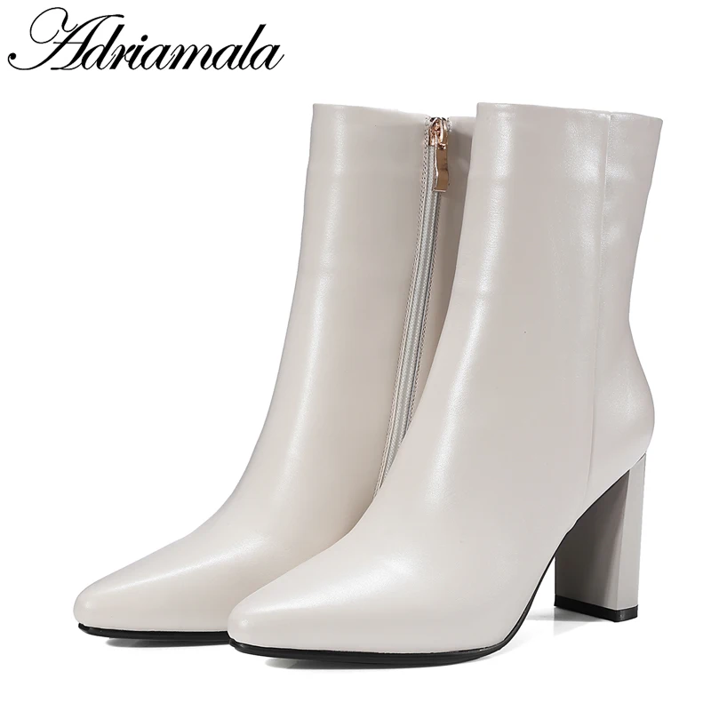 2018 Genuine Leather Ladies High Heel Boots Mid-calf Zip Pointed Toe Round Heels Cow For Women Adriamala | Обувь
